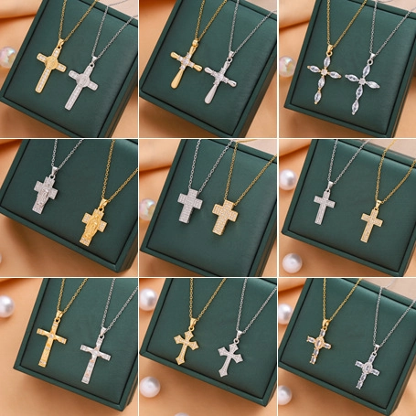 Cross Pendant Necklace Stainless Steel Zirconia Inlaid Religious Jesus Virgin Mary Fashion Jewelry For Women Men