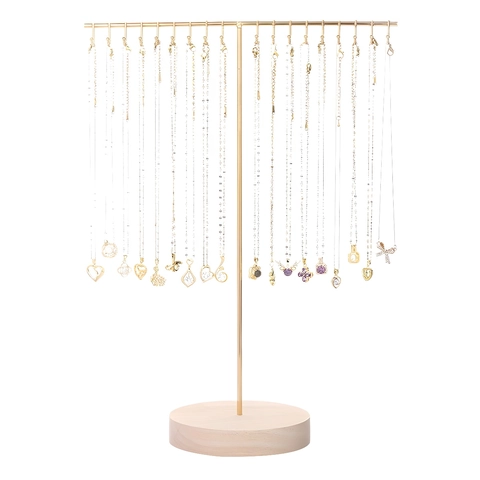 Necklace Display Stand T-Shape Metal Iron Jewelry Organizer Rack With Wood Base Hooks Detachable Pendant Holder Modern