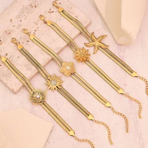 Women Stainless Steel Double Layer Snake Bone Chain Bracelet Gold Plated Flower Sun Starfish Charms Artificial Pearl Resin Adjustable