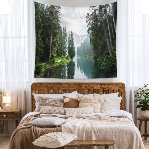 Nature Landscape Tapestry Wall Hanging Forest Scenery Mountain Lake Sunrise Digital Print Polyester Fabric Home Decor Bedroom