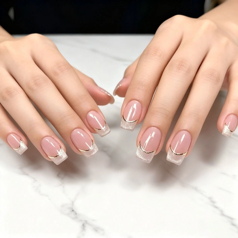 French Press On Nails Nude Pink ABS Silver Glitter Golden Line Square Shape Medium Length Elegant Manicure For Women