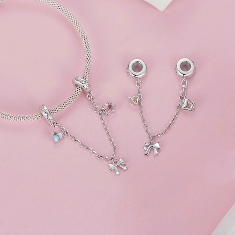 S925 Sterlingsilber Ballett Schleife Sicherheitskette Mit Irisierenden Schmetterlings Herzanhängern Für DIY Armband Schmuck