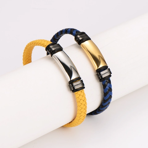Minimalistisches Geflochtenes Lederarmband Mit 304 Edelstahl Gebogener Metallplatte Magnetverschluss Vintage Stil Für Männer