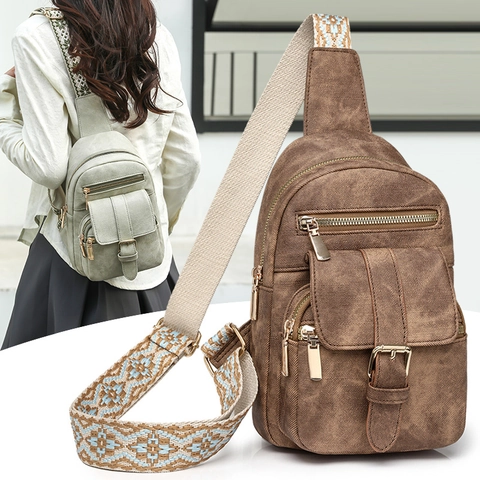 Vintage PU Leder Brusttasche Damen Multi Tasche Crossbody Sling Tasche Mit Ethno Breitem Gurt Kopfhörerloch Lässig