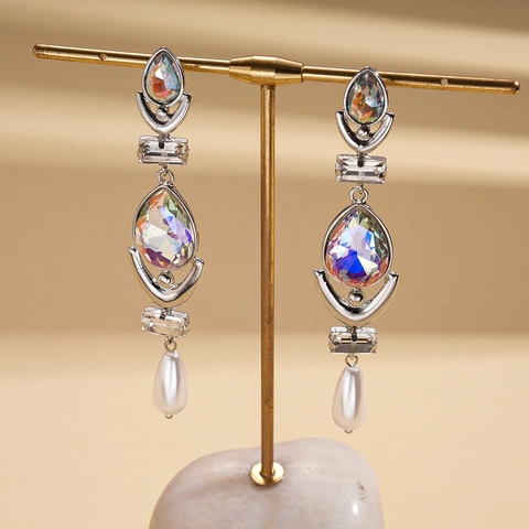 Teardrop Dangle Earrings With Colorful Crystals Imitation Artificial Pearls And 925 Sterling Silver Earring Post Long Elegant Jewelry