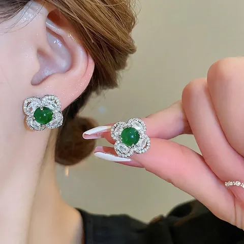 Vintage Emerald Green Flower Stud Earrings Copper With 925 Sterling Silver Earring Post Zircon Jewelry For Women Elegant
