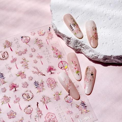Adesivi Per Unghie 5D Stile Cinese Sakura Fiore Ciliegio Floreale Orientale Rilievo 3D Laser Glitter Autoadesivi