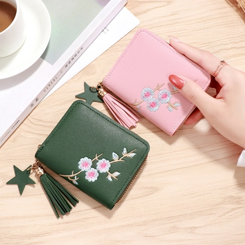 Women's Small PU Leather Zipper Wallet Floral Embroidery Tassel Star Charm Elegant Coin Purse