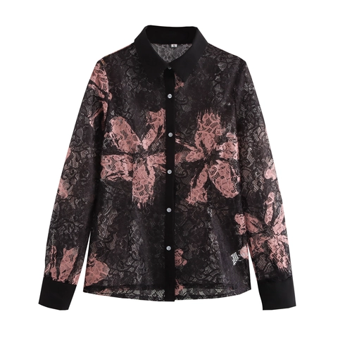 Femme Dentelle Blouse À Fleurs Manches Longues Revers Boutons Chemise Élégant Automne Tops Pour Dame