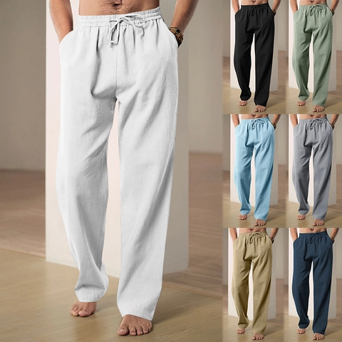 Herren Casual Leinen Weites Bein Hose Atmungsaktiv Dünn Locker Kordelzug Elastische Taille Gerade Hose Outdoor Sport Strandhose