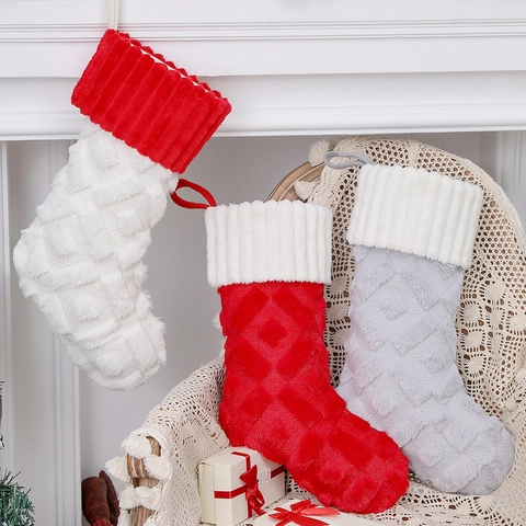 Weihnachtsstrumpf Kunstkaninchenfell Plüsch Rautenmuster Gestrickt Geschenkbeutel Feiertagsdeko Kamin Dekoration