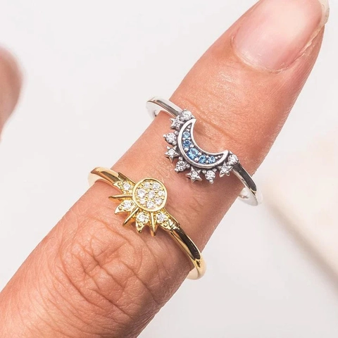Sun Moon Celestial Stacking Rings Copper Zircon Inlaid Open Adjustable Jewelry For Women Couples