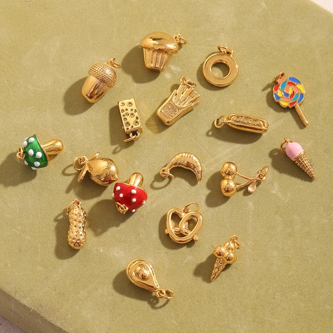 Dijes De Comida Acero Inoxidable Chapado Oro 18K Esmalte Lindo Croissant Donut Champiñón Para Creación Joyas DIY Collares Moda
