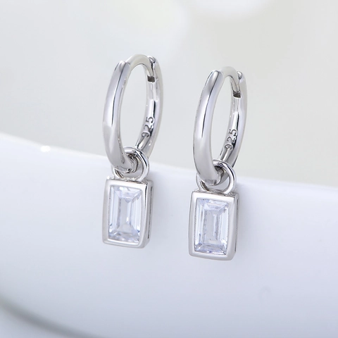 Baguette Zirconia Geometric Rectangular Drop Hoop Earrings For Women Fashion 925 Sterling Silver Jewelry Chic Style
