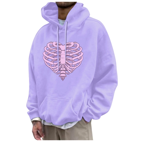Herren Damen Fleece Hoodie Streetwear Langarm Kordelzug Pullover Sweatshirt Skelett Rippen Herz Grafik Druck