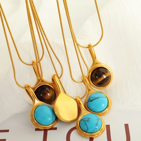 Collier Vintage en Acier Inoxydable Avec Pendentif Rond en Turquoise Oeil de Tigre Chaîne Serpent Plaquée Or Bijoux Femme