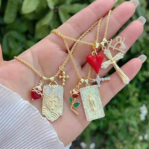 18K Gold Galvanisiert Kupfer Halskette Mit Zirkonia Herz Kreuz Jungfrau Maria Religiös Anhänger Mode Schmuck Für Herren Damen
