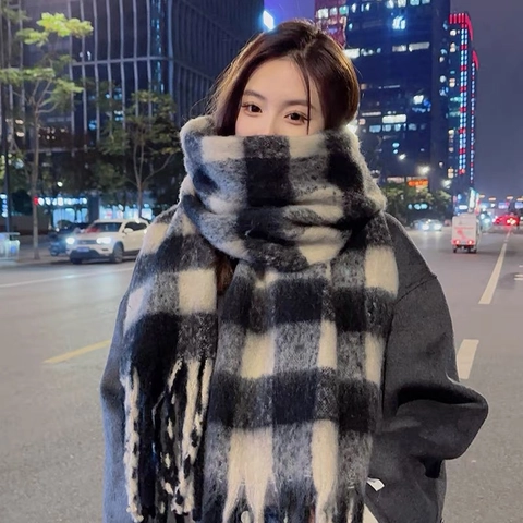 Invierno Espesado Mohair Cuadros Bufanda Para Mujeres Hombres Cálido Suave Flecos A Cuadros Calentador De Cuello Moda