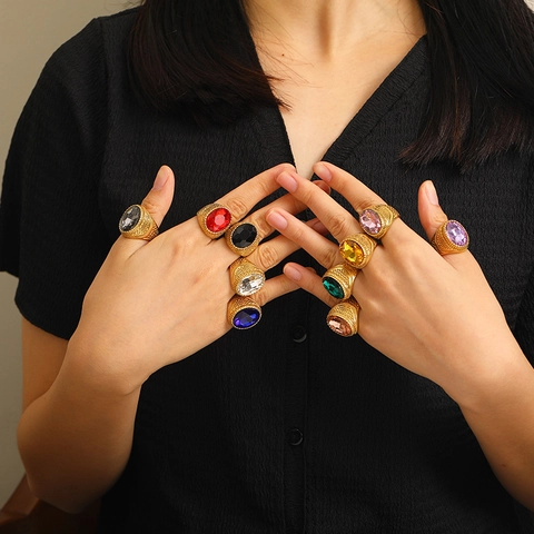 Retro Punk Hip Hop Ring Gold Plated Stainless Steel Large Oval Colorful Gemstone Baroque Style Jewelry For Men Women