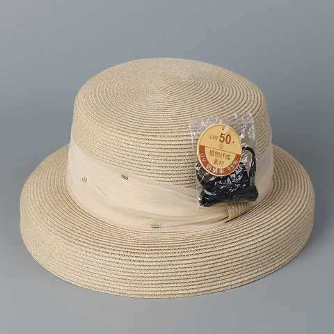 Chapeau De Paille Boater Vintage Classique Pour Femmes Large Bord Protection Solaire Plage Ruban Nœud Mousseline Élégant