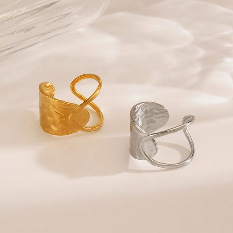 Anello Incrociato Geometrico In Acciaio Inossidabile Texture Martellata Fascia Aperta Regolabile Gioielli Di Moda Per Donna