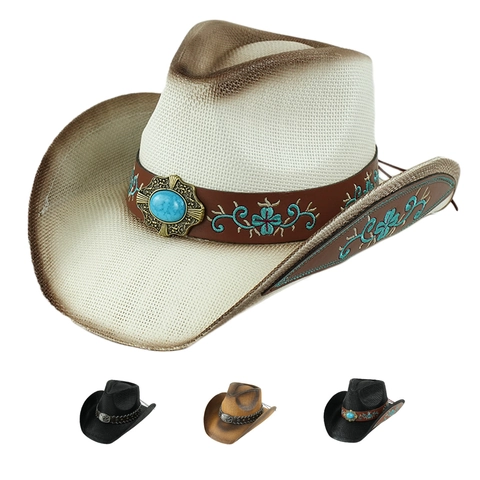 Western Cowboy Straw Hat Vintage Woven Panama Hat With Turquoise Bull Head Leather Band Breathable Sunshade Outdoor Beach Hat