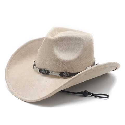Western Cowboy Hat Faux Suede Wide Brim Adjustable Chin Strap Star Metal Leather Band Vintage Style For Men Women