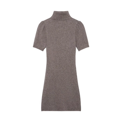 Women Knitted Bodycon Mini Dress Mock Neck Short Sleeve Solid Color Elegant Slim Fit Stretch Dress