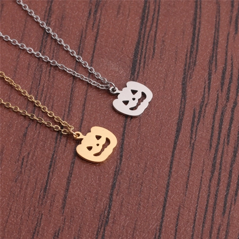 Halloween Pumpkin Face Pendant Necklace Stainless Steel Hollow Smiling Jack-O-Lantern Jewelry Minimalist Holiday