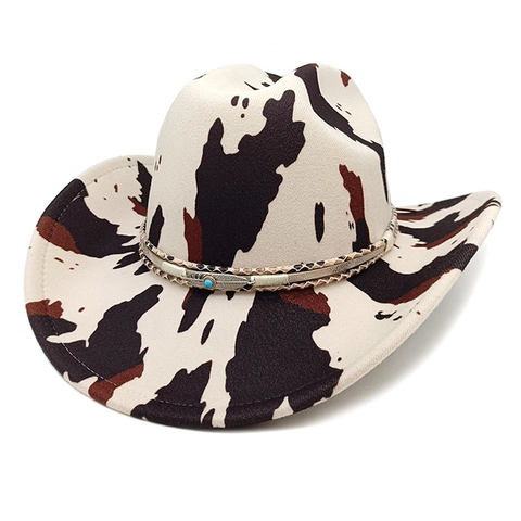 Chapeau De Cow-Boy Western Imprimé Vache Léopard Feutre Polyester Large Bord Avec Bande Tressée Plume Turquoise Pour Femmes