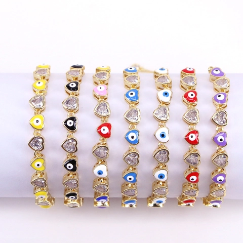 Bracciale Regolabile Cuore Malocchio Ottone Placcato Oro 18K Smalto Zirconia Catena Bolo Per Donna