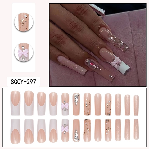 Lange Coffin Kunstnagels Frans Roze Met 3D Strik Steentjes Glitter Elegante Valse Nagels Voor Vrouwen