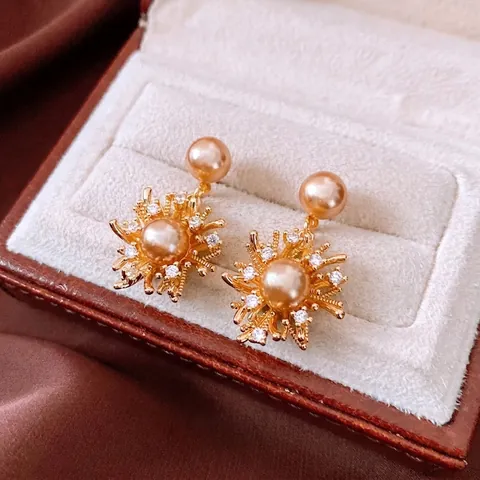 Pendientes Colgantes De Fuegos Artificiales Perla Artificial Sintética Zirconia Bañado En Oro 18K Mujer Con Poste De Plata Esterlina 925