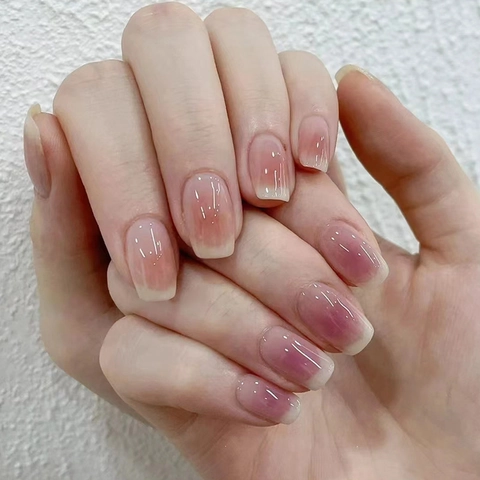 Press On Nails Pink Peach Blush Gradient French Style Short Square Round False Nails Resin Boxed Including Adhesive