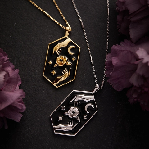 Vintage Hexagon Tarot Karte Anhänger Halskette Kupfer Emaille Rose Hand Stern Mond Motive Retro Schmuck Damen