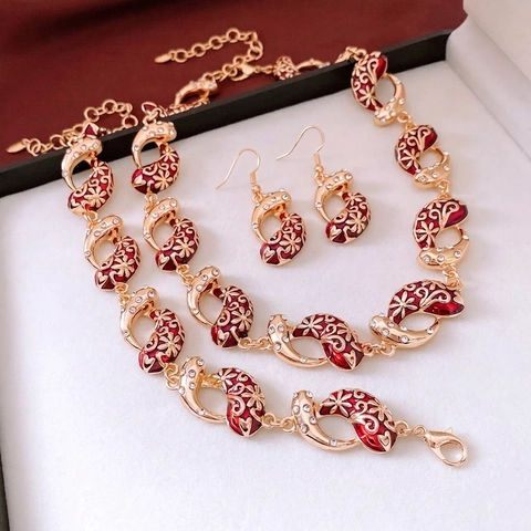 Set Di Gioielli Vintage Fiore Smalto Rosso Lega Zircone Goccia D'acqua Collana Bracciale Orecchini Stile Boemo Per Donna