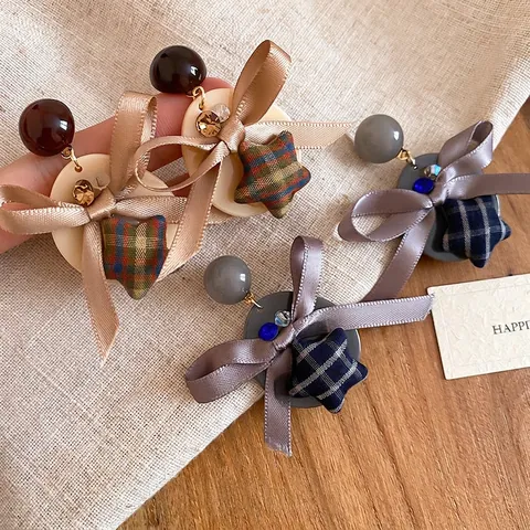 Plaid Star Pendant Earrings With Bow Fabric Resin Bead And 925 Sterling Silver Earring Post Retro Sweet For Women
