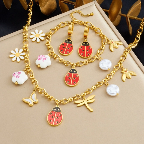 Stainless Steel Ladybug Bee Butterfly Flower Necklace Bracelet And Earrings Gold Plated Enamel Charms For Women Girls