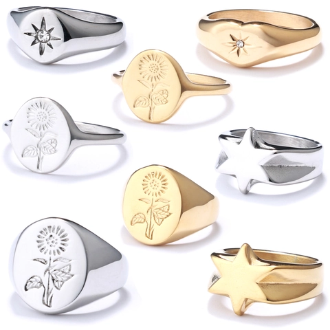 Signet Ring Stainless Steel Sunflower Carved Star Engraved With Zircon Retro Polished Vintage Jewelry For Unisex