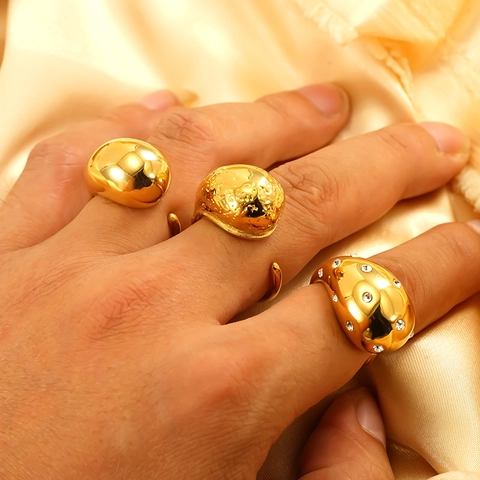 Teardrop Open Ring 18K Gold Plated Stainless Steel Geometric Hammered Polished Rhinestone Adjustable Fashion Jewelry