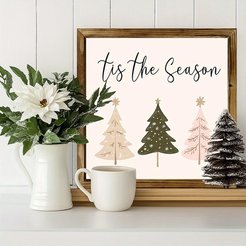 Christmas Wooden Picture Frame Wall Hanging Tis The Season Trees Desktop Decoration Farmhouse Style Holiday Home Decor