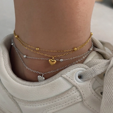 Double Layer Heart Pendant Anklet Stainless Steel Beads Chain Foot Jewelry Minimalist Simple Daily Style For Women