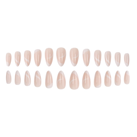 Press On Nagels Lange Amandelvorm Nude Roze Wit Golfpatroon Geometrisch Minimalistisch Kunstnagels