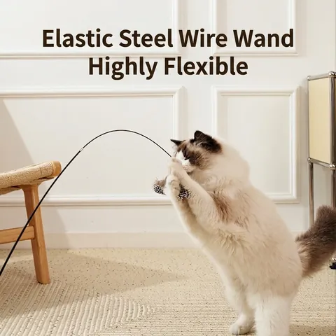 Natural Wood Handle Cat Teaser Wand With Feather Bell Interactive Elastic Spring Steel Wire Cat Toy Replacement Heads Set