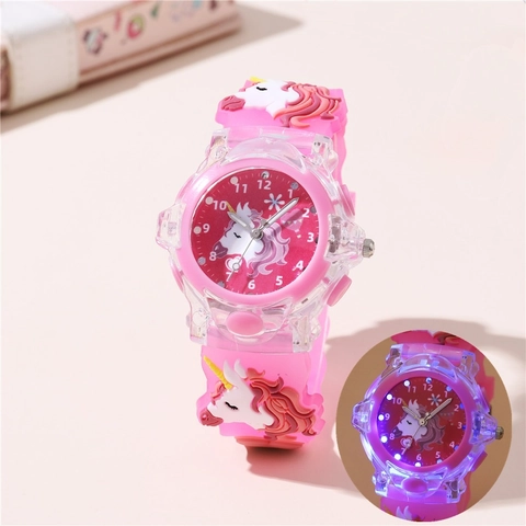 Kinder Cartoon Einhorn LED Leuchtende Quarz Uhr Silikonarmband Mode Studenten Analoge Armbanduhr Rundes Transparentes Gehäuse