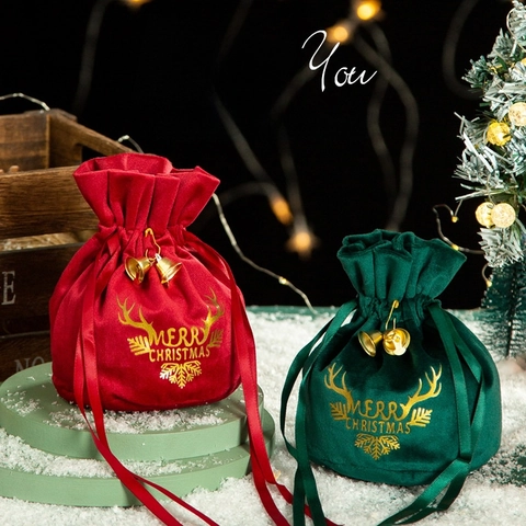 Sacchetto Regalo Natale Velluto Garza Rete Stampa Oro Coulisse Campanelli Bomboniere Feste Rosso Verde Festivo Contenitore