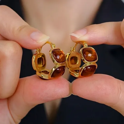 Pendientes De Aro Ovalados Vintage Aleación Bañada En Oro De 18K Con Resina Ámbar Y Poste De Plata Joyería Estilo Francés