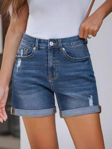 Women High Waist Ripped Denim Shorts Distressed Rolled Hem Straight Leg Cotton Casual Commuting Dark Blue