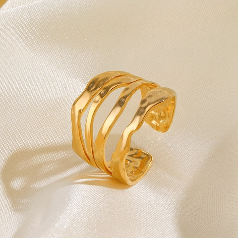 Anillo De Acero Inoxidable Ola Irregular Multicapa Textura Martillada Ajustable Joyería Moda Mujer