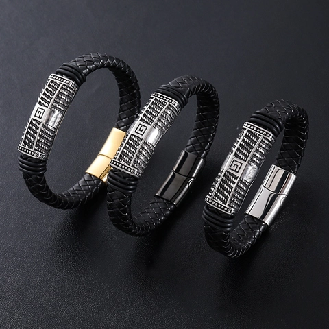Pulsera Hombre Cuero Trenzado Acero Inoxidable 304 Cierre Magnético Vintage Ábaco Estilo Punk Joyería